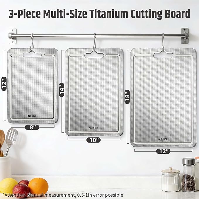 3-Piece Titanium Cutting Board for Kitchen, Double-Sided Scratch-Resistant Chopping Boards with Juice Grooves, Metal Cutting Boards with Non-Slip Mat, Dishwasher Safe for Fruit, Meat, Vegetables, Gray