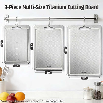 3-Piece Titanium Cutting Board for Kitchen, Double-Sided Scratch-Resistant Chopping Boards with Juice Grooves, Metal Cutting Boards with Non-Slip Mat, Dishwasher Safe for Fruit, Meat, Vegetables, Gray