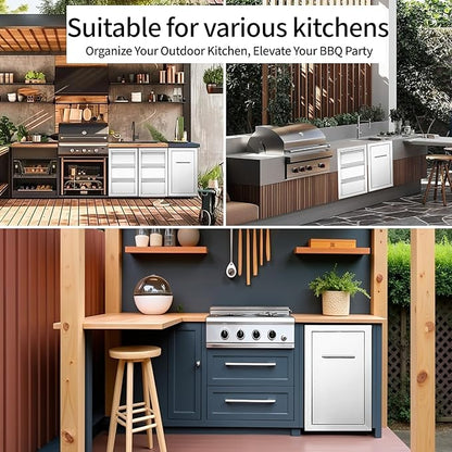 Pull Out Trash Can Drawer Outdoor Kitchen Trash Cabinet Stainless Steel Flush Mount for Outdoor Kitchens & BBQ Islands 14" W x 25.7" H x 19.4" D