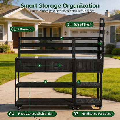 62 Inch Patio Kitchen Island with Stainless Steel Top, Black | Black fir wood, stainless steel top, garden or patio, raised shelf, 2 drawers, lockable wheels, modular design, 62.3 in L