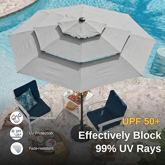 10ft 3 Tier Patio Umbrella, Outdoor Market Table Umbrella with UPF 50+ Vented Canopy, 8 Sturdy Ribs, Easy Push Button Tilt and Crank, Windproof for Deck, Pool, Backyard and Garden