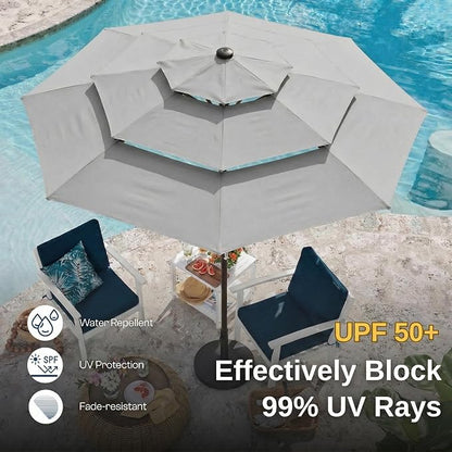 10ft 3 Tier Patio Umbrella, Outdoor Market Table Umbrella with UPF 50+ Vented Canopy, 8 Sturdy Ribs, Easy Push Button Tilt and Crank, Windproof for Deck, Pool, Backyard and Garden