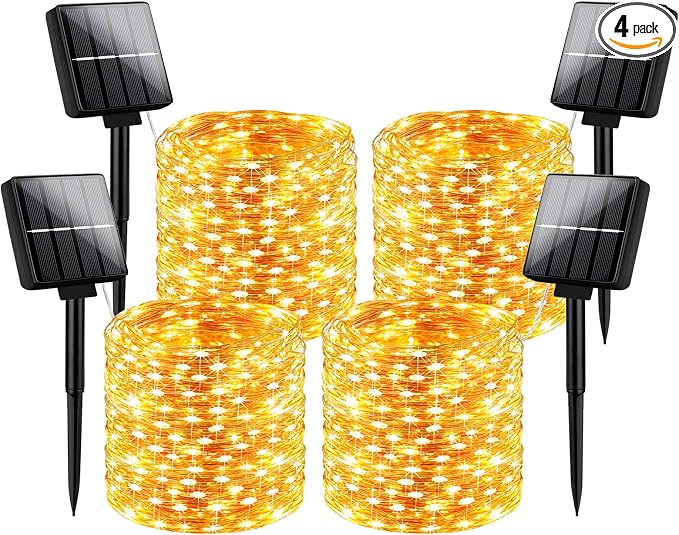 Brightever Outdoor Solar String Lights Waterproof 288Ft, 4-Pack Each 72FT 200 LED Solar Powered Fairy Lights with 8 Lighting Modes, Copper Wire Lights for Patio, Garden, Party, Wedding (Warm White)
