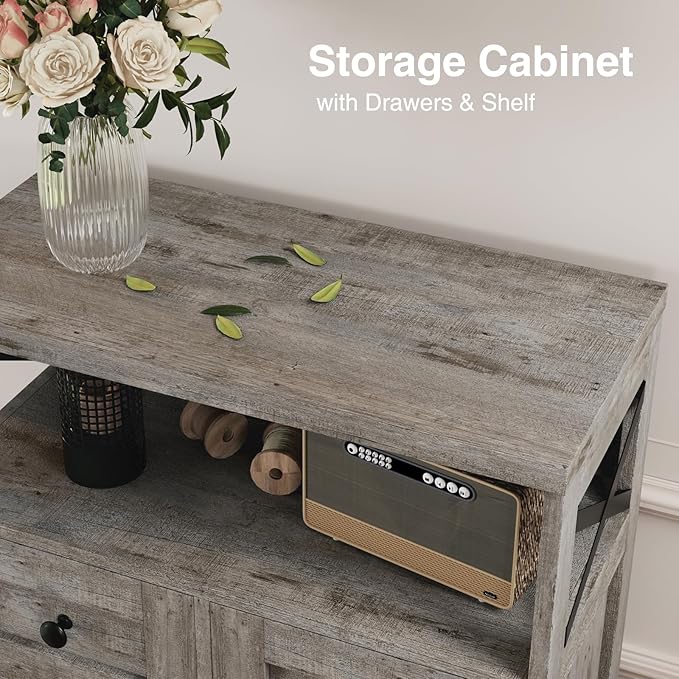 Befrases Set of 2 Farmhouse Storage Cabinet with Drawers and Adjustable Shelves, Freestanding Kitchen Pantry Storage Cabinet, Floor Storage Cupboard for Dining Living Room Home Office, Washed Grey