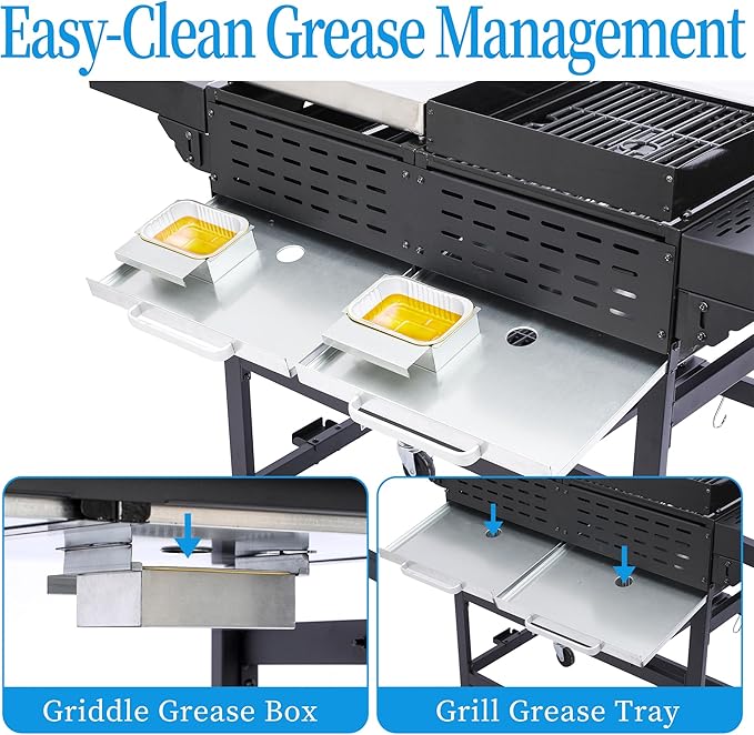 2-in-1 Propane Gas Grill and Griddle Combo– 40,000 BTU Gas Grill with Cast Iron Grates and Stainless Steel Griddle, Outdoor BBQ Station with Grease Trays, Foldable Tables for Camping and Backyard