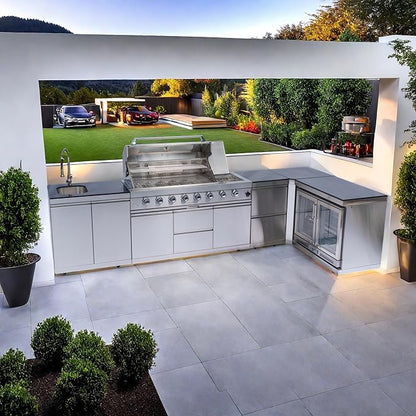 157" 6-Burner 96000 BTU Propane Gas Outdoor Kitchen Island - Stainless Steel Grill with Wine Cooler, Rotisserie, Granite Countertops, Storage Cabinets & Drawers,Silver