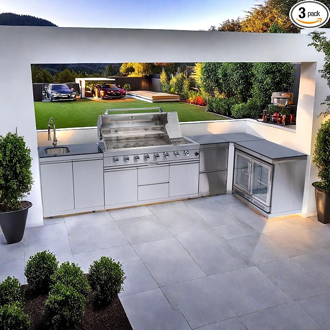 BBQ Island Outdoor Kitchen Kits 6-Burner 96000 BTU Stainless Steel Modular 153+44 in Propane Gas Outdoor Kitchen Bar Barbecue Island Grill with Refrigerator and Sink for Patio Backyard