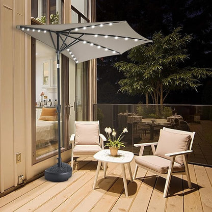 FLAME&SHADE 9 FT Solar Half Patio Umbrella with 25 LED Lights, Half Outdoor Umbrella with Button Tilt, Half Round Table Umbrella For Deck, Backyard, Balconies, Decks, Rvs, UV Protection (Taupe)