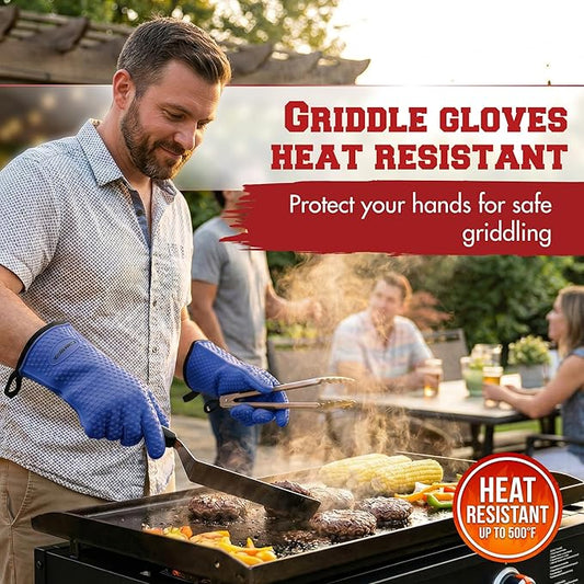 KITCHEN PERFECTION XL Silicone Oven & Griddle Gloves -Extreme Heat Resistant BBQ & Grilling Gloves -Handle Hot Food Right on Your Griddle |Waterproof Oven Mitts Grill Gloves |Superior Set+3 Bonuses