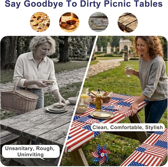 Picnic Table Cover with Bench Covers Windproof Waterproof Picnic Table Covers Camping Tablecloth with Self-Storage Bag, 72in, Multi Flag Patchwork