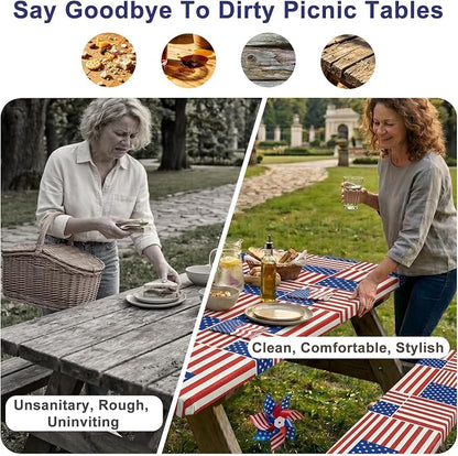 Picnic Table Cover with Bench Covers Windproof Waterproof Picnic Table Covers Camping Tablecloth with Self-Storage Bag, 72in, Multi Flag Patchwork