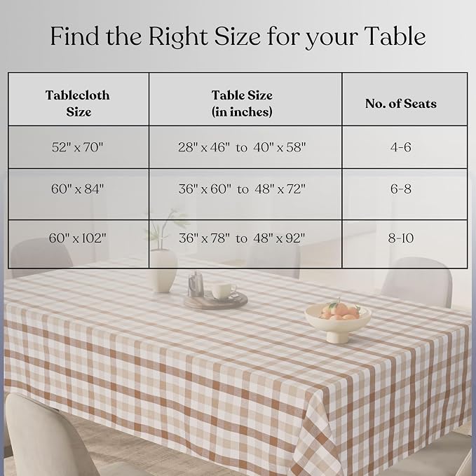 Gingham Check Tablecloth 60"x102", 100% Cotton, Classic Check, Reusable & Machine Washable, Rustic Dining Table Cover for Kitchen, Holidays, Outdoor, Brown & Beige