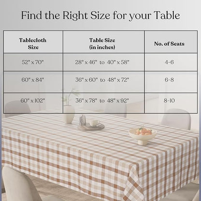 Gingham Check Tablecloth 60"x102", 100% Cotton, Classic Check, Reusable & Machine Washable, Rustic Dining Table Cover for Kitchen, Holidays, Outdoor, Brown & Beige