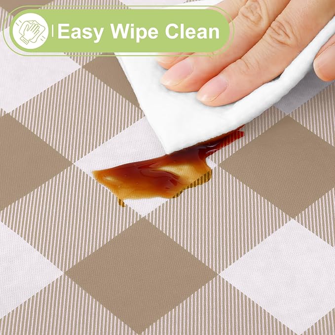 Smiry Picnic Table Cloth, Vinyl Tablecloths with Flannel Backing, 70"x70" | Waterproof Square Table Cloth, Wipeable Buffalo Plaid Table Cover for Indoor and Outdoor (Khaki & White)