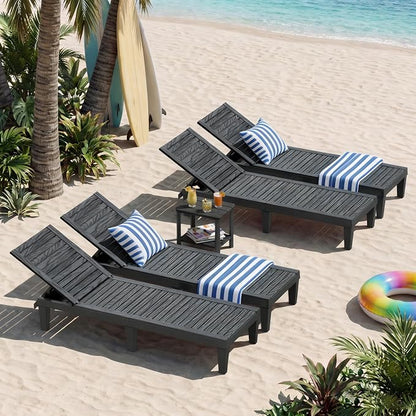 Outdoor Chaise Lounge Chair Set of 4, Black | 5-adjustable position, all weather resin, lightweight, tanning lounge chairs for pool, patio, beach, outside