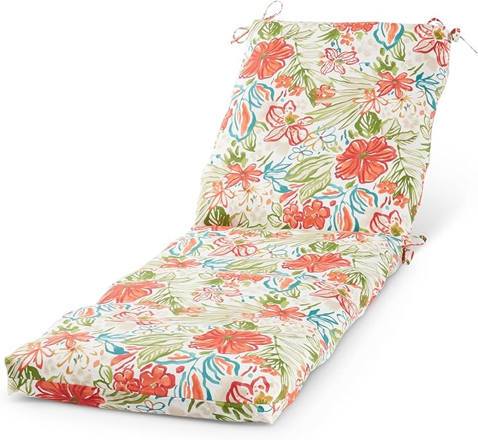 Modern Outdoor Chaise Lounge Cushion with Ties – Durable Polyester Fabric, Channel-Filled Polyfiber Insert, Removable Zippered Cover, Breeze Floral