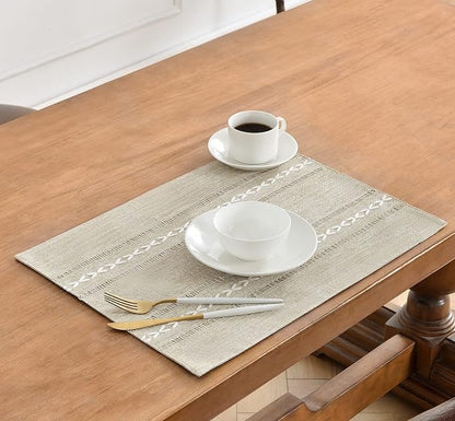 Wracra Cotton Linen Place Mats, Coffee Embroidered Placemats Set of 8 | Placemats 12 x 18 Inch; Cotton Linen Woven Fabric; Heat Resistant Table Mats; Raised Embroidered Hollow Design