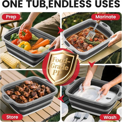 BBQ Prep Tub,8L Foldable Cutting Board with Locking Lid for Camp, Black | Collapsible Meat Tray, Deep Capacity, Mess-Control Rim, For Backyard Chefs, Tailgate Prep, Camps, Family Outdoor Cookouts