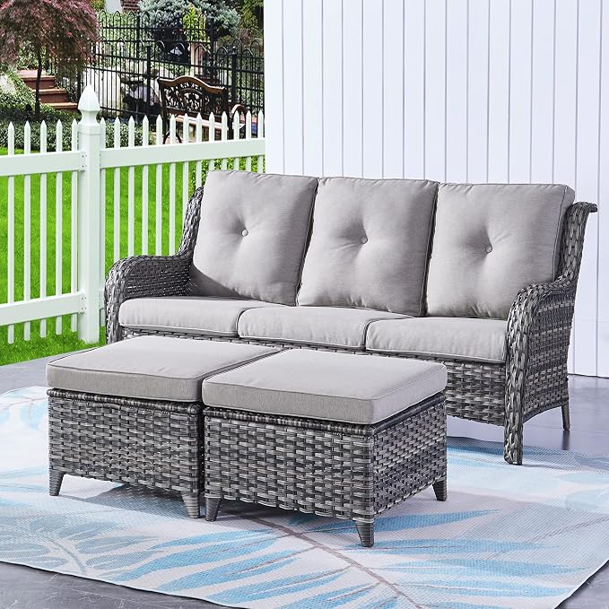 Rilyson Wicker Outdoor Patio Sofa with Ottoman, Large 3 Seater Wicker Patio Couch with 4in Replaceable Seat Cushions and Deep Seating, All Weather for Backyard, Garden, Poolside (Mixed Grey/Grey)