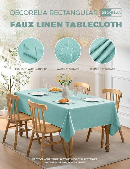 Decorelia Faux Linen Farmhouse Table Cloth 60"x144" for 10 ft Rectangle Table, Aqua Waterproof Outdoor Washable Cloth Tablecloth for Rectangular Dining Room Kitchen Outdoor Party Restaurant Table