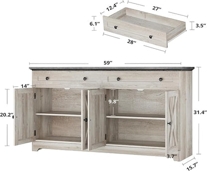 IRONCK Buffet Cabinet with Storage, Sideboard Cabinet with Drawers & Doors | 2 Drawers, 4 Doors and 2 Adjustable Shelves. 59inch Wide. FSC-certified Wood. Anti-tip Device. Charcoal Grey and Beige Maple.