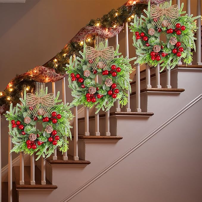 Dingion 8 Pcs Small Christmas Wreaths for Cabinet Kitchen Decor Mini Artificial Wreath 9 Inch Faux Garland with Burlap Ribbon for Vintage Retro Home Table Candle Porch Window Indoor Outdoor Decor