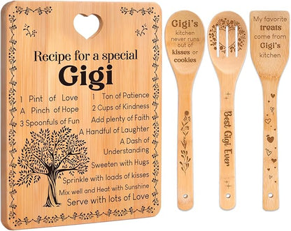 Gigi Gifts - "Recipe for a Special Gigi" Gigi Gifts for Grandma Cutting Board Set, Bamboo-Made Engraved Utensil Set Gifts for Gigi Cutting Board, Mothers Day Gifts for Gigi.