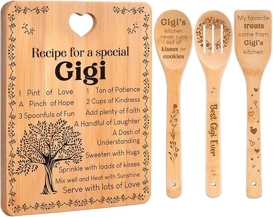Gigi Gifts - "Recipe for a Special Gigi" Gigi Gifts for Grandma Cutting Board Set, Bamboo-Made Engraved Utensil Set Gifts for Gigi Cutting Board, Mothers Day Gifts for Gigi.