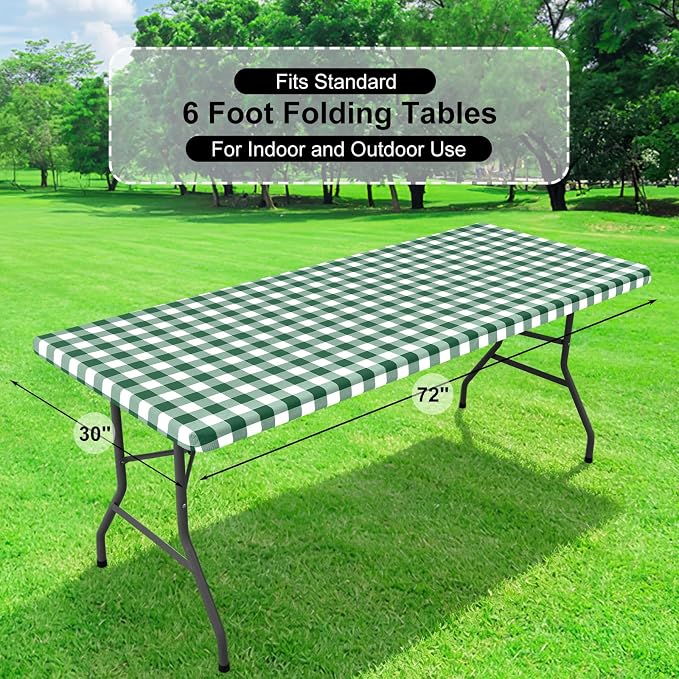 Buffalo Rectangle Picnic Tablecloth, 6 Foot Elastic Fitted Vinyl Table Cloth with Flannel Backing, Waterproof Plaid Table Cover for Dining, Camping, Outdoor (Emerald Green and White, 30" x 72")