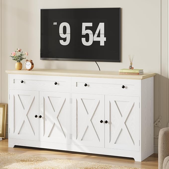 IRONCK Buffet Cabinet with Storage, Sideboard Cabinet with Drawers & Doors | 2 Drawers, 4 Doors and 2 Adjustable Shelves. 59inch Wide. FSC-certified Wood. Anti-tip Device. Natural Wood.