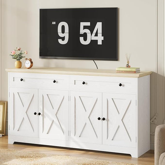 IRONCK Buffet Cabinet with Storage, Sideboard Cabinet with Drawers & Doors | 2 Drawers, 4 Doors and 2 Adjustable Shelves. 59inch Wide. FSC-certified Wood. Anti-tip Device. Natural Wood.