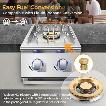 Grilling Side Burners for Outdoor Kitchen, 2 * 18,000BTU Natural Gas Side Burner,Convertible to Liquid Propane, Duty Heavy 304 Stainless Steel, Double Burner for BBQ Island Gril, Gold