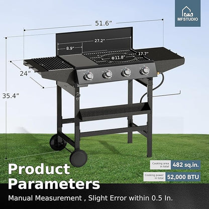 MFSTUDIO Propane Gas Grill and Griddle Combo, 4-Burner Propane Grills with Porcelain-Enameled Cast Iron Grates, 482 SQ.IN. Cooking Area, 52,000 BTU High Output for Outdoor Patio Barbecue and Meals