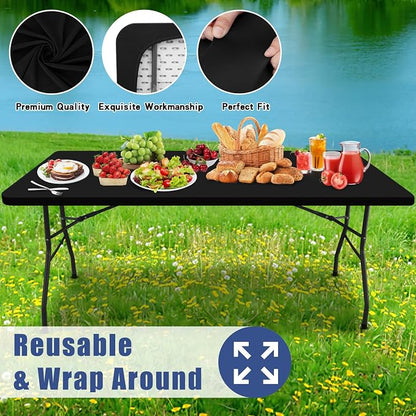 Moosfor Spandex 8 Foot Rectangle Table Cloth, Elastic Fitted Tablecloths for Picnic, Stretch Washable Patio Table Cover for Outdoor, Camping, Banquet and Parties (Black, 30"x96")