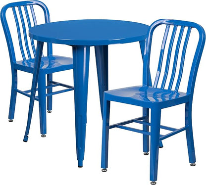 Flash Furniture Craig Commercial Grade 30" Round Blue Metal Indoor-Outdoor Table Set with 2 Vertical Slat Back Chairs | Commercial Grade, Indoor/Outdoor Use, Vertical Slat Back