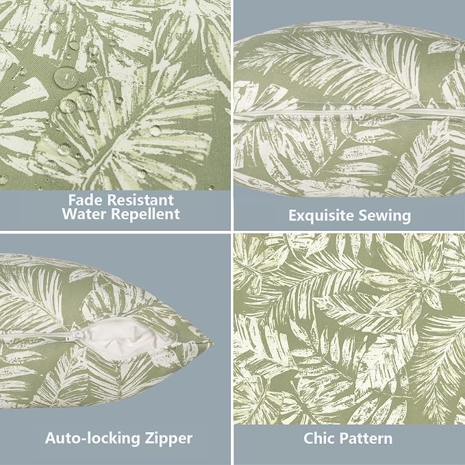 LVTXIII Outdoor Pillow Covers 20x20 Inch, 2 Pack Large Square Throw Pillow Cases, Fade-Resistant Cushion Covers for Patio Furniture Sofa, Garden Porch, Tropical Leaf Green