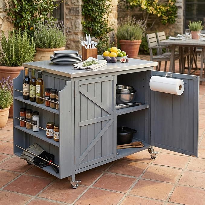 Outdoor Kitchen Island with 4 Locking Wheels, 42”Stainless Steel Top Grill Prep Station, Solid Fir Wood Storage Cabinet with 5-Tier Side Shelf and Adjustable Rack for Patio and BBQ, Grey Blue
