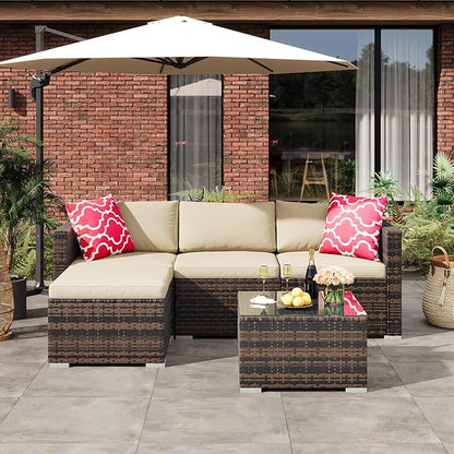 5-Piece Outdoor Sectional Sofa Set, All-Weather PE Rattan Patio Furniture with Ottoman & Tempered Glass Table, Convertible Garden Couch for Backyard, Porch, Poolside (Brown/Khaki)