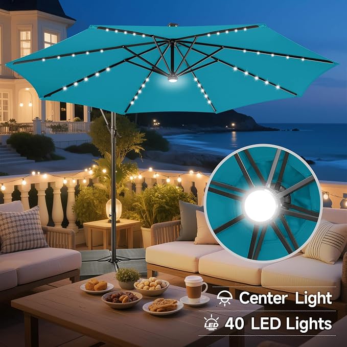 10 ft Solar Patio Umbrella Cantilever with Centre Light, Aqua Blue | 40 LED Lights, UV Protection, Large Offset Patio Umbrella Outdoor for Garden, Deck, Backyard, Pool, Porch, Provides Shade