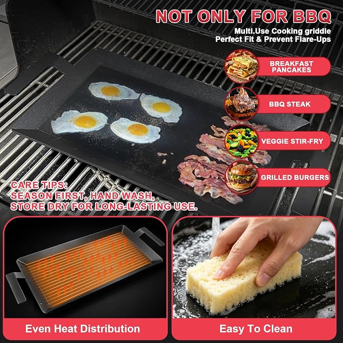 Universal Carbon Steel Griddle for Gas Grill, Stove top & Induction Cooktop | Griddle Pan Fits Versatile Stovetop Oven; Flat Top Plate for Charbroil Etc. All Gas & Charcoal Grill 24" x 10" with gloves