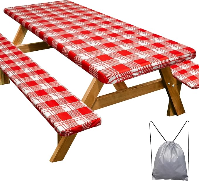 Picnic Table Cover Bench Covers Camping Essentials Tablecloth | Waterproof Vinyl for Outdoor, Windproof Elastic Fitted Edges, RV BBQ Accessories Must Haves, Storage Bag Included