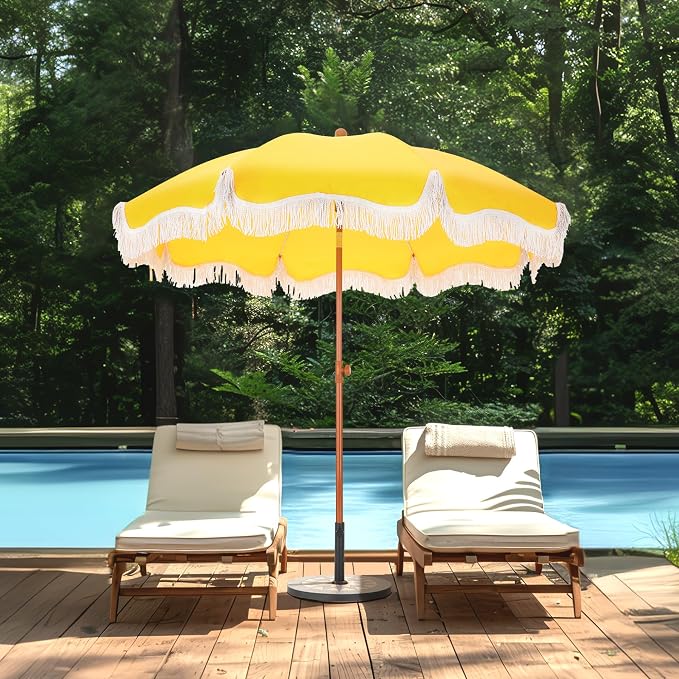 7ft Patio Beach Umbrella with Fringe, Outdoor Umbrella for Poolside, Yellow | MFSTUDIO Tassel Umbrellas UPF50+ with Sand Anchor & Tilt Button, Holiday Outdoor Umbrella with Carry Bag, Ideal for Garden