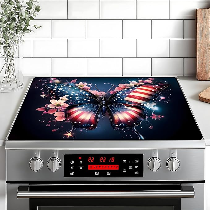 Patriotic Stove Top Cover, Heat Resistant Electric Stove Protector Mat, Large Diatomite Kitchen Counter Mat, Independence Day Decor American Flag Kitchen Accessory (butterfly-2, 28x20 Inch)