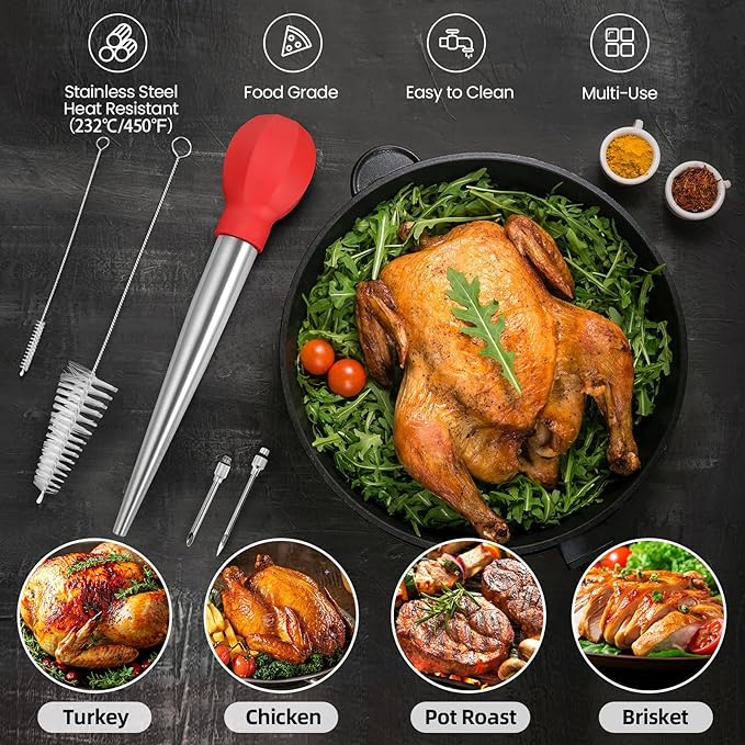 SCHVUBENR Large Turkey Baster with Cleaning Brush & Needle - Stainless Steel Baster Tool for Cooking - Easy to Use and Clean - Heavy Duty Baster Syringe - Thanksgiving, Christmas Essentials - Red