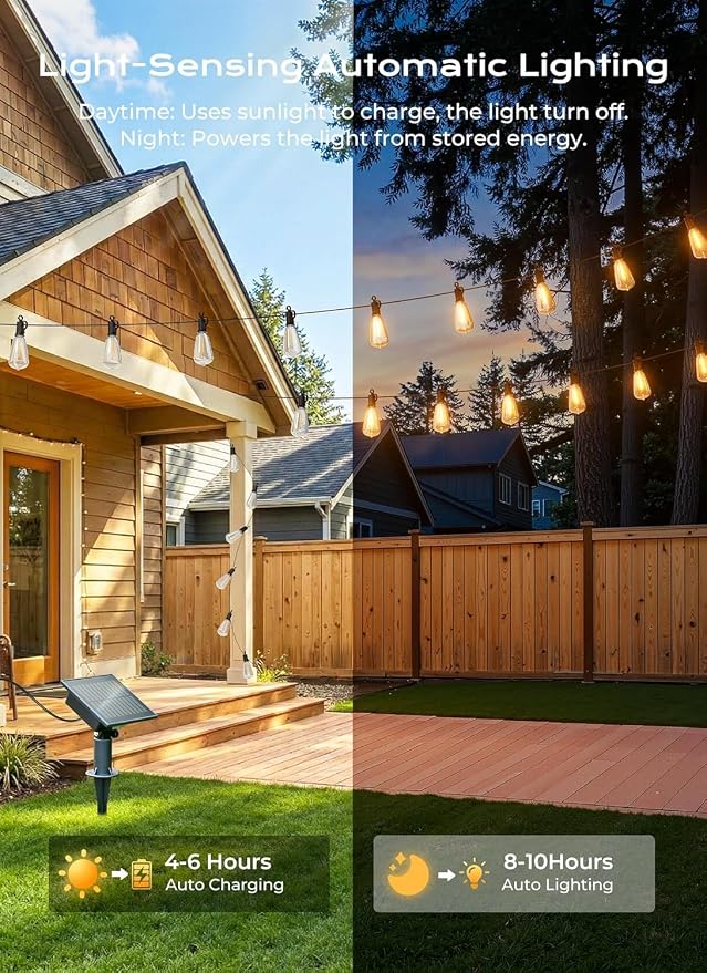 Brightown 202FT Solar String Lights Outdoor Waterproof with Remote, 65+2 LED Shatterproof Bulbs, Dimmable & Timable, 3 Light Modes - Commercial Grade Patio Lights for Garden Backyard Party Decor