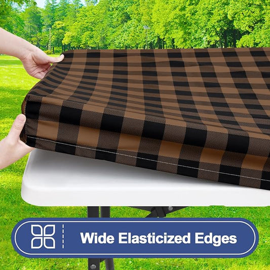 Smiry Picnic Table Cloth 2 Pack, Waterproof Elastic Fitted Tablecloths for 8FT Rectangle Tables, Washable Polyester Buffalo Plaid Tablecloth for Camping & Outdoor (Black & Brown, 30" x 96")
