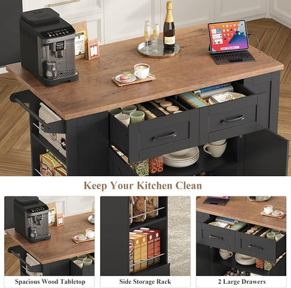 Kitchen Storage Island with 2 Stools, 51” Mobile Kitchen Cart with Drop Leaf & Power Outlet, Rolling Island Table Dining Room Buffet with 2 Drawers & Side Storage Rack &Towel Rack, Black