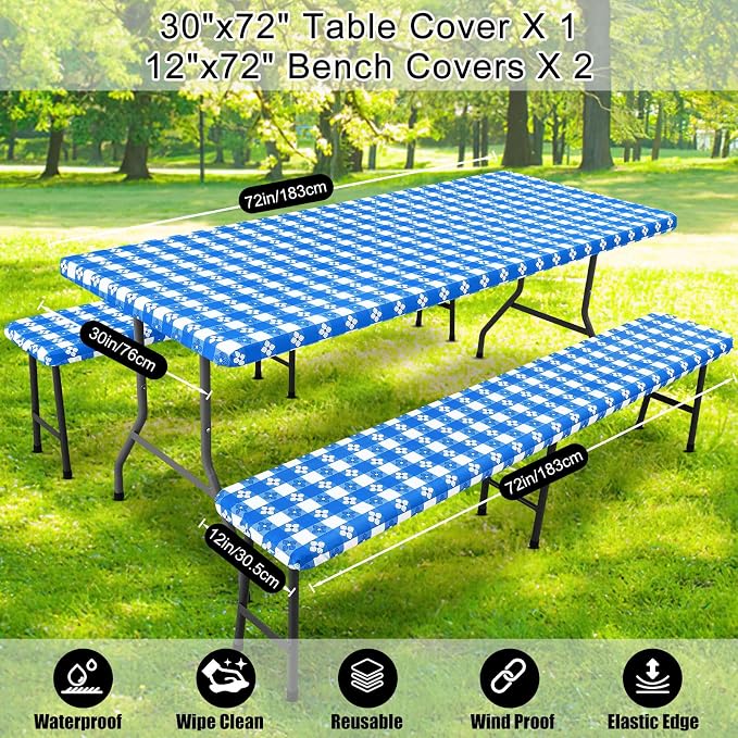 Smiry Picnic Table Cover with Bench Covers, Waterproof Elastic Fitted Tablecloth for 6 Foot Tables, Washable Polyester Tablecloths for Camping, Indoor & Outdoor (Blue & White, 30x72 Inch 3-pc Set)