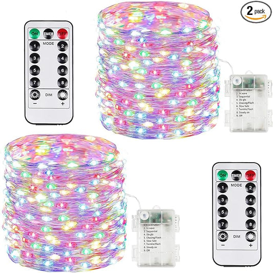 2 Pack 200 LED Fairy Lights Battery Operated with Remote, 66 FT Multicolor | Cuttable, 8 Modes, Memory, Dimmable, Waterproof Battery String Lights with Timer for Indoor Outdoor, Christmas Decorations