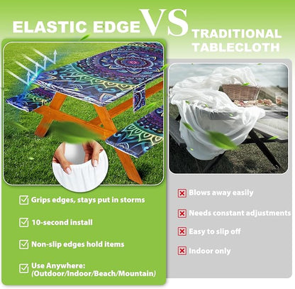 Wrakus Picnic Table Cover with Bench Covers Vinyl Elastic Edges Fitted Rectangle Seat Tables Waterproof 3-Piece72X30in Set Outdoor Rectangular Folding Backing Tablecloth for Camping Over Size